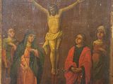 un vieux tableau représentant Jésus sur la croix, entouré d'autres personnes