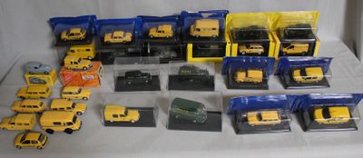 a lot of yellow and black toy cars and trucks