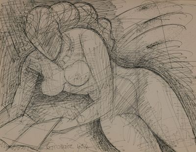 drawing of a nude woman sitting in a chair with her head on her hands
