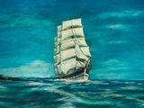 an oil painting of a sailboat in the ocean with a small island in the background