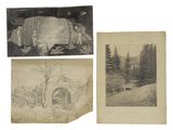 three old black and white photographs of a mountain scene