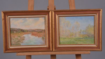 tableau représentant deux tableaux posés sur des chevalets, avec une rivière en arrière-plan
