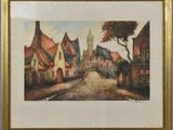 an old painting of a village street with a church in the background