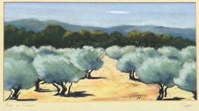 une peinture à l'huile représentant des oliviers dans un champ, avec des montagnes en arrière-plan