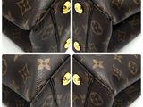 four photos of a brown louis vuitton bag with gold hardware