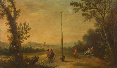 une peinture à l'huile représentant des personnes à cheval sur un chemin de terre dans une zone boisée