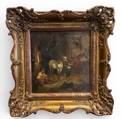 un vieux tableau représentant un cheval et d'autres animaux dans une écurie