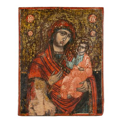 une peinture représentant une femme tenant un enfant dans ses bras