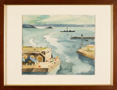 a watercolor painting of a boat in the water