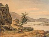 an image of a painting of a mountain landscape with a river in the foreground