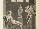 a drawing of a woman sitting in a chair next to a statue