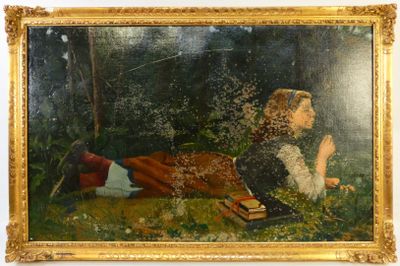 un vieux tableau représentant une femme allongée par terre dans une forêt