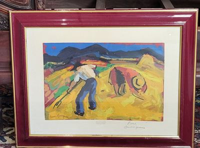 tableau représentant un homme travaillant dans un champ, avec un cheval en arrière-plan