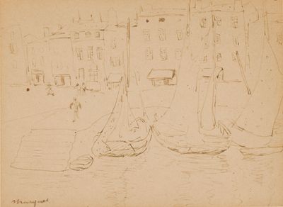 a drawing of boats in a harbor with buildings in the background