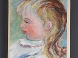 un tableau représentant une petite fille avec une queue de cheval, vêtue d'une robe blanche
