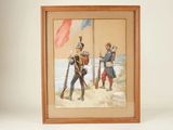 tableau représentant deux hommes en uniforme tenant un drapeau sur une plage