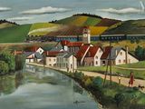 une peinture d'un train descendant les rails
