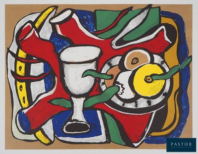 une photo d'un tableau représentant un vase et une assiette de nourriture