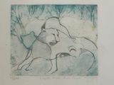 a drawing of a woman and a dog in a field