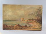 an oil painting of a castle on the shore of a lake
