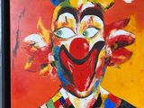 painting of a clown with a red nose and a colorful bow tie