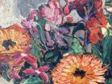 a painting of flowers in a vase on a table