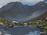 une peinture représentant une scène de montagne avec un lac au premier plan
