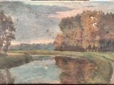 painting of a landscape with a river and trees in the foreground