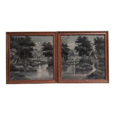 JAPON, XXe siècle Deux encres sur tissus représentant des pa…