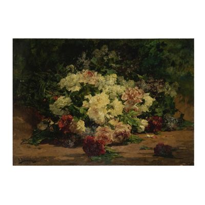 tableau représentant un bouquet de fleurs posé sur une table près d'un mur