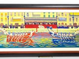 painting of a boat in a body of water with people on it