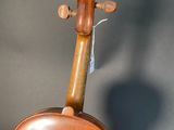 an antique violin with a wooden back and bow on display