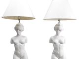 pair of white ceramic table lamps with female torsos and lampshads