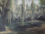 a painting of a large tree in the middle of a park