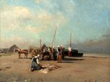 painting of a group of people on a beach with a boat in the background