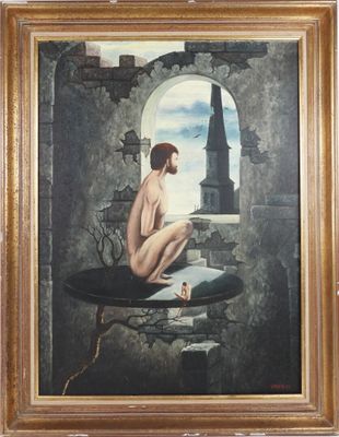 painting of a naked woman sitting on a ledge with a castle in the background
