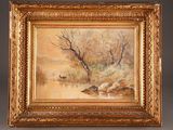 a painting of a river scene with a deer in the distance