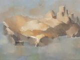 an oil painting of a desert landscape with a mountain in the background