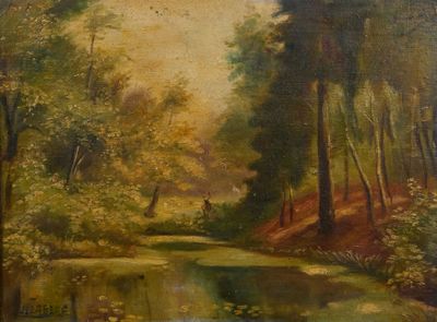painting of a river in a wooded area with trees and water