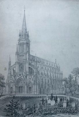 un vieux dessin représentant une église surmontée d'un clocher