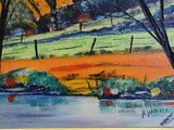 painting of a landscape with trees and a river in the foreground