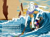 affiche représentant un homme sur une planche de surf, chevauchant une vague dans l'océan
