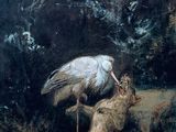painting of a white stork and a dead fox in a wooded setting