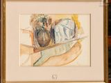 a picture of a painting of a vase on a shelf