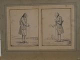 two pictures of a man with a cane and a woman with a hat