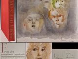 a collage of pictures of a book with a picture of a woman ' s face