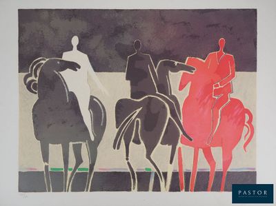 un tableau représentant trois personnes à cheval, alignées