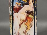 an image of a vase with a painting of a woman and sunflowers on it