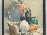 une peinture représentant une nature morte avec un pichet et d'autres objets