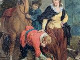 a painting of a man and a woman on horses
